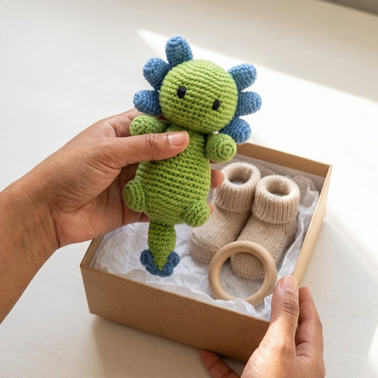 Handmade Axolotl Rattle — Green & Blue