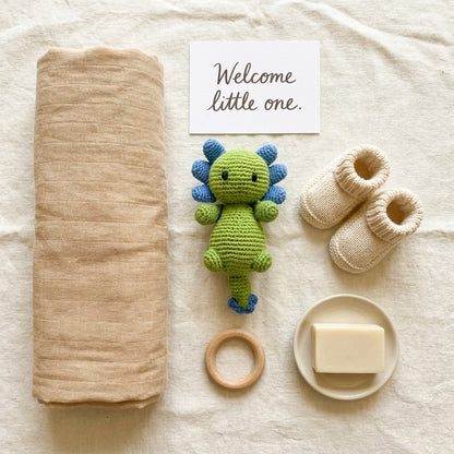 Handmade Axolotl Rattle — Green & Blue
