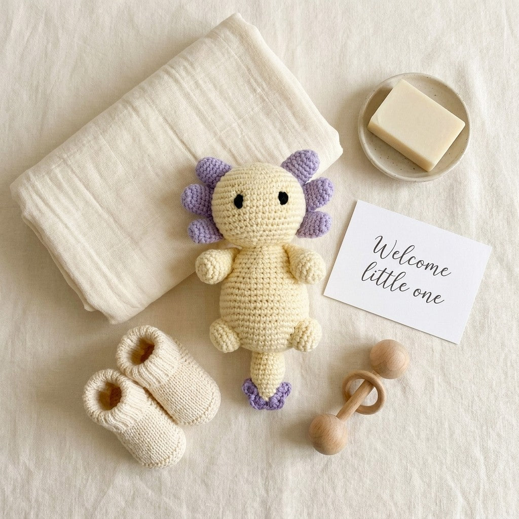 Handmade Axolotl Rattle — White & Lavender