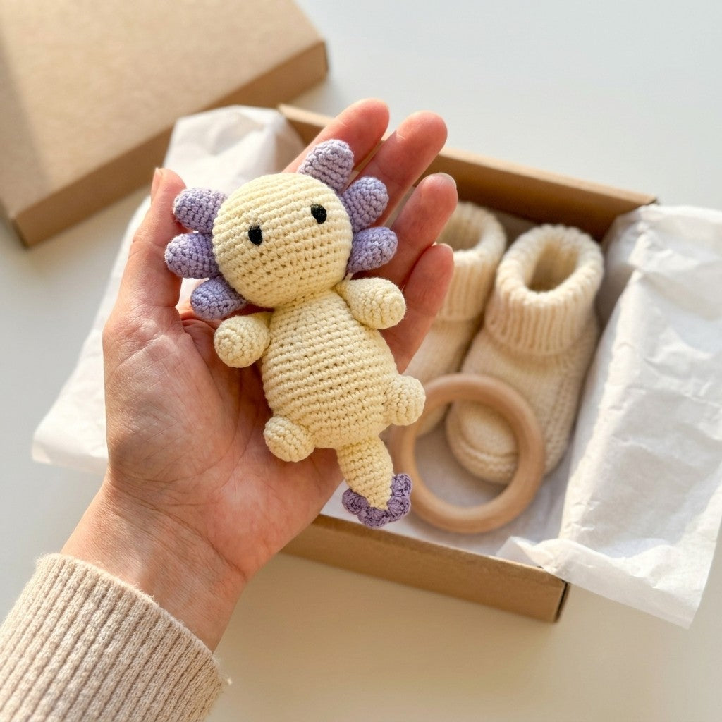 Handmade Axolotl Rattle — White & Lavender