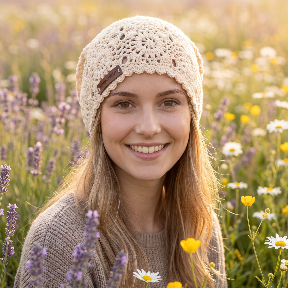 Woman smiling in a wildflower field wearing a cream handmade crochet slouchy beanie by YarnYummies with an open lace stitch pattern