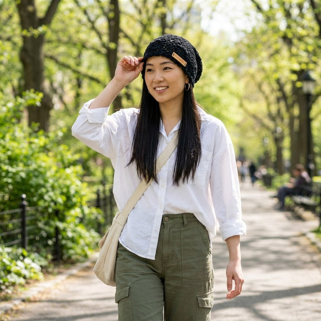 Woman in a park wearing a white shirt, green pants, and a black beanie with a brown tag.