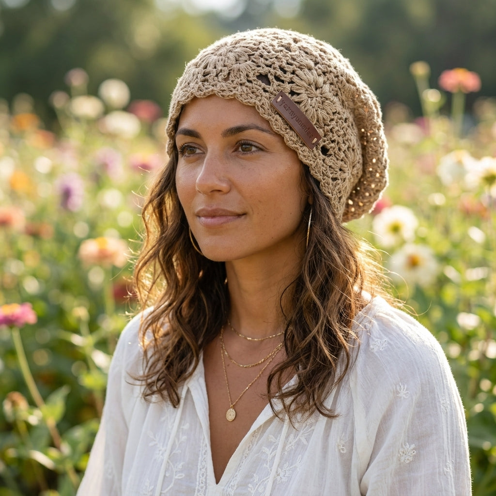 Woman wearing a beige knitted hat in a field of flowers