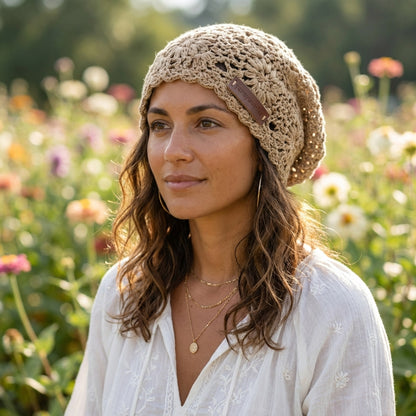 Woman wearing a beige knitted hat in a field of flowers