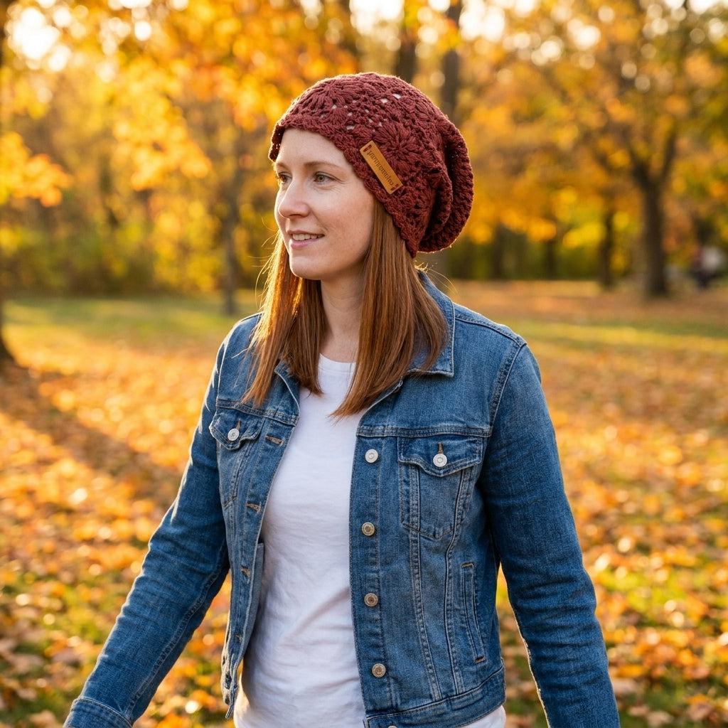 Woman wearing a maroon knitted beanie and blue denim jacket in an autumn park.