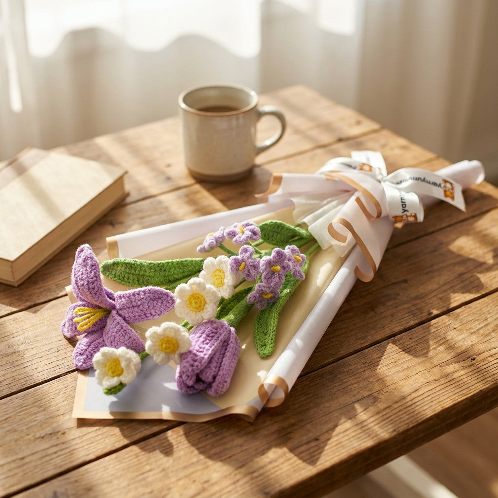 Crocheted flowers on a wooden table with a cup of coffee and an open book.