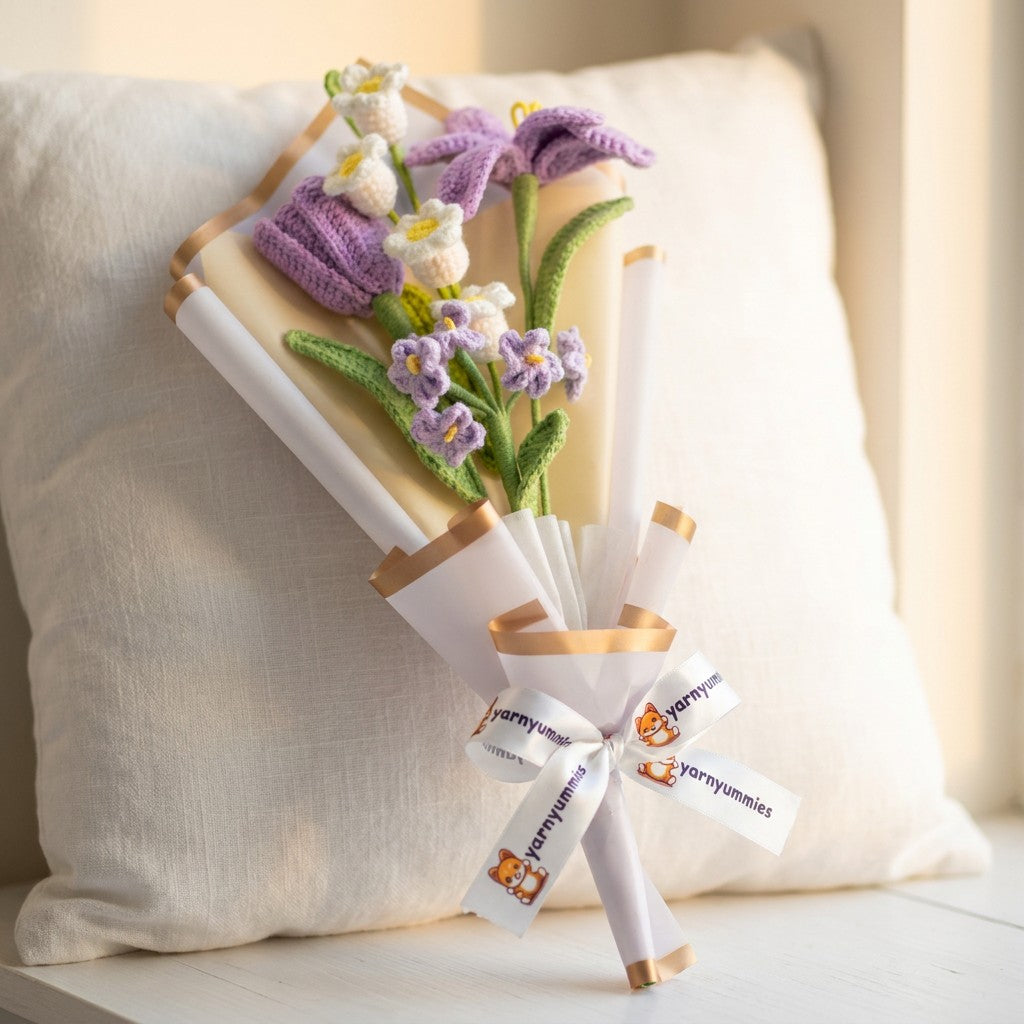Crocheted purple and white flowers with a white ribbon on a light background