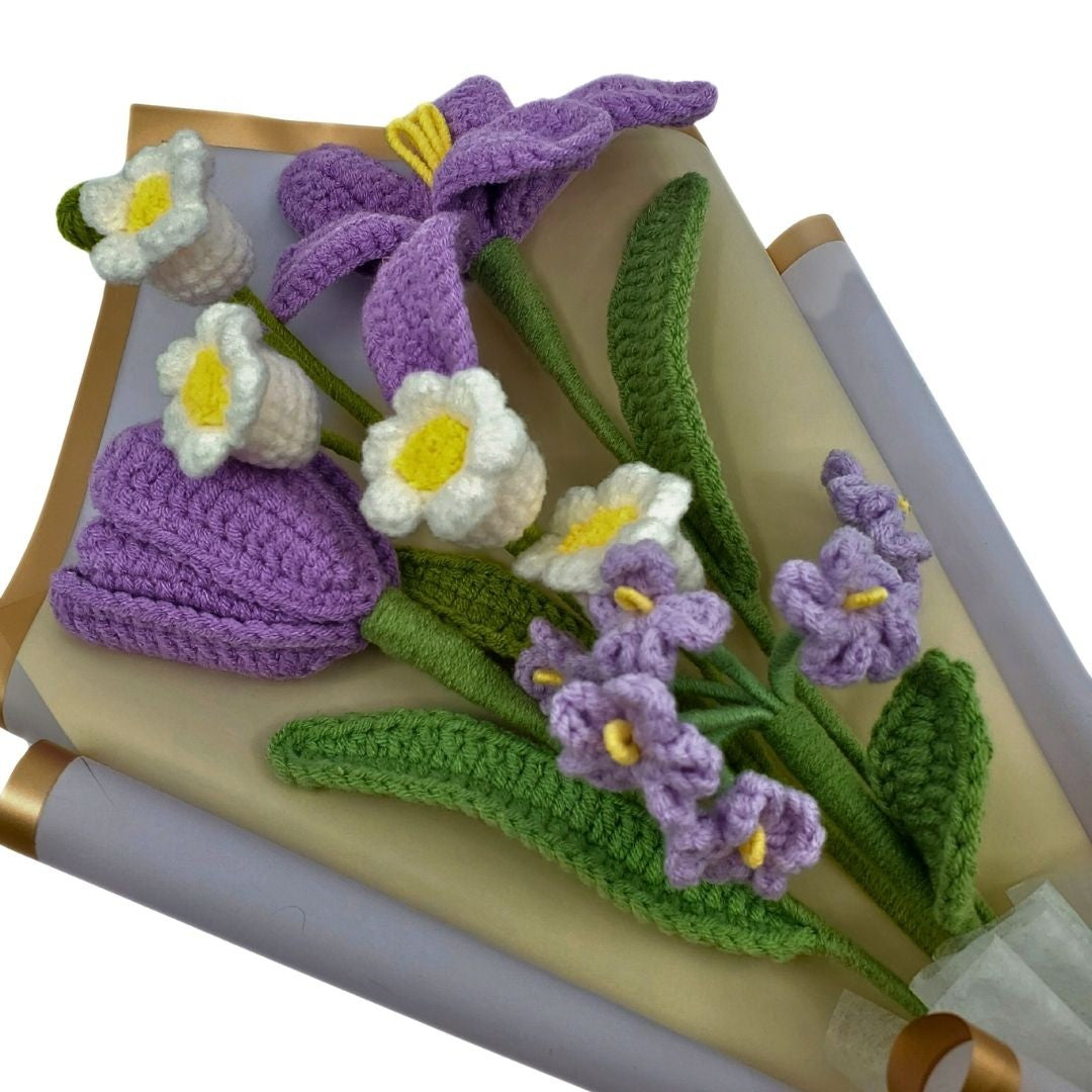 Crocheted flowers on a wooden surface