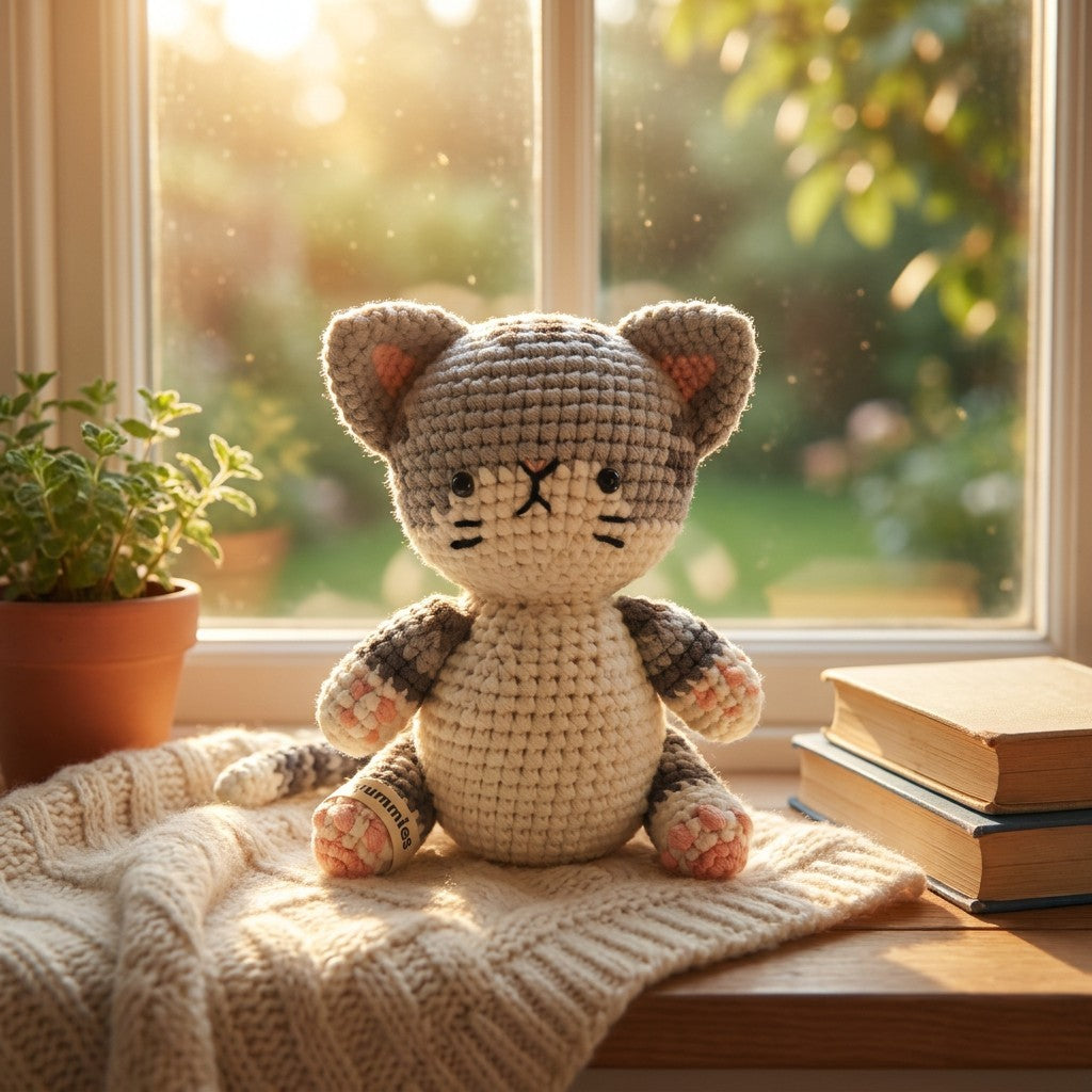 Crocheted cat toy on a windowsill with books and a plant