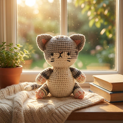Crocheted cat toy on a windowsill with books and a plant
