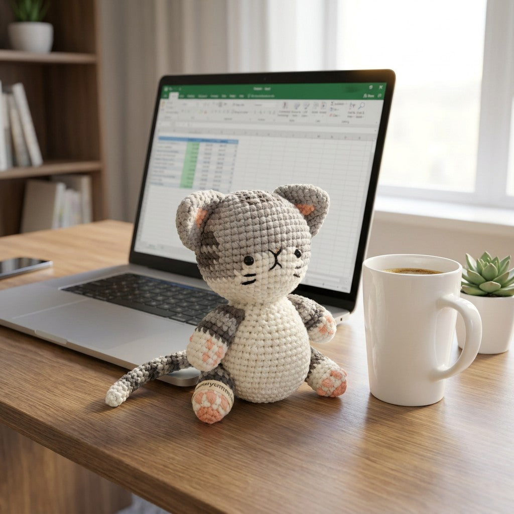 Crocheted cat toy on a desk next to a laptop and coffee cup