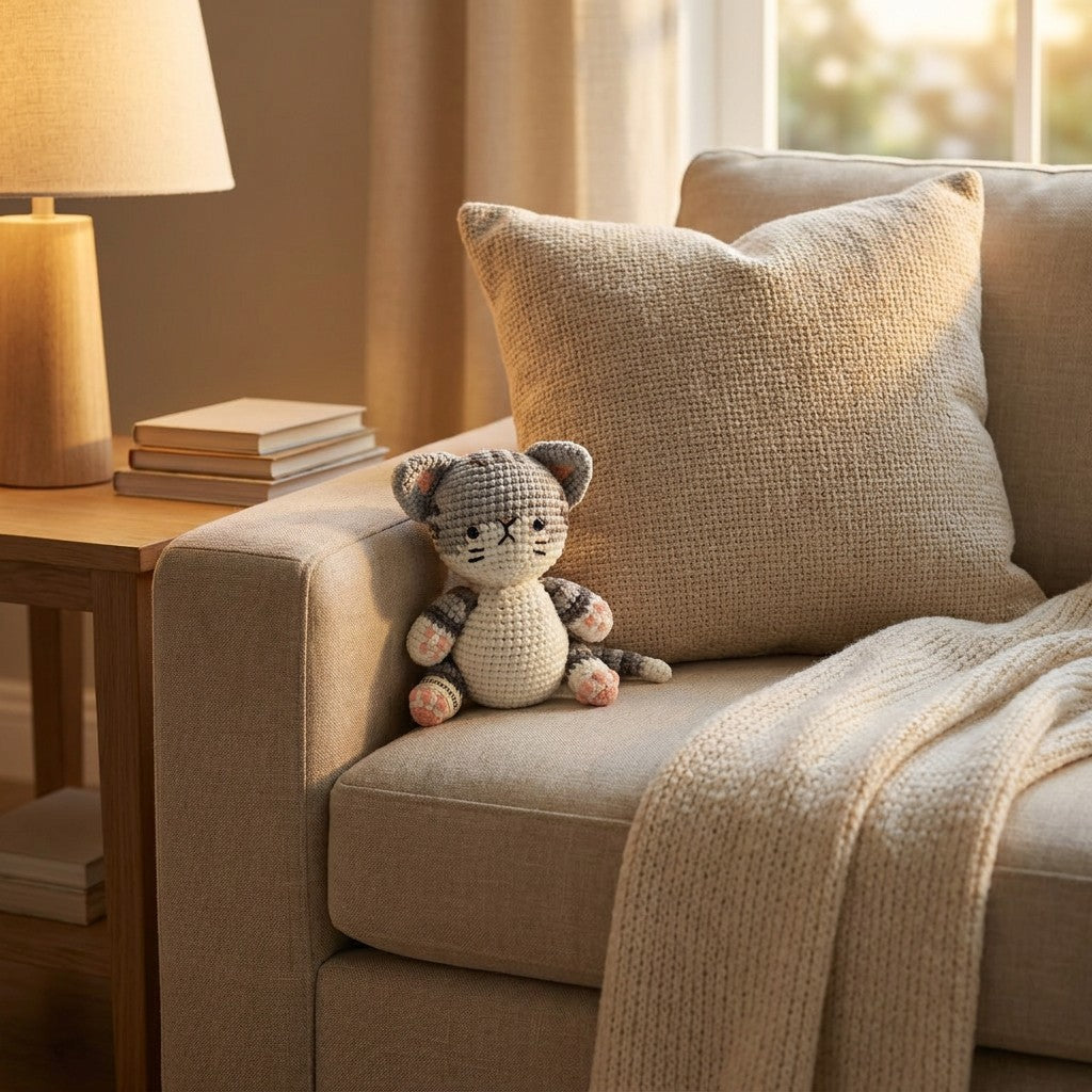 Plush cat toy on a beige couch in a cozy living room setting.