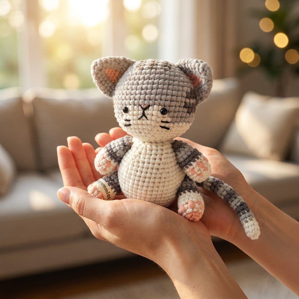 Hand holding a small crochet cat toy in a cozy living room setting.