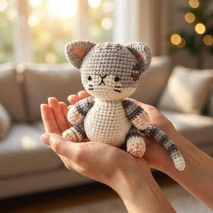 Hand holding a small crochet cat toy in a cozy living room setting.