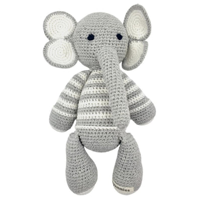 Crocheted elephant toy with a striped pattern on a white background