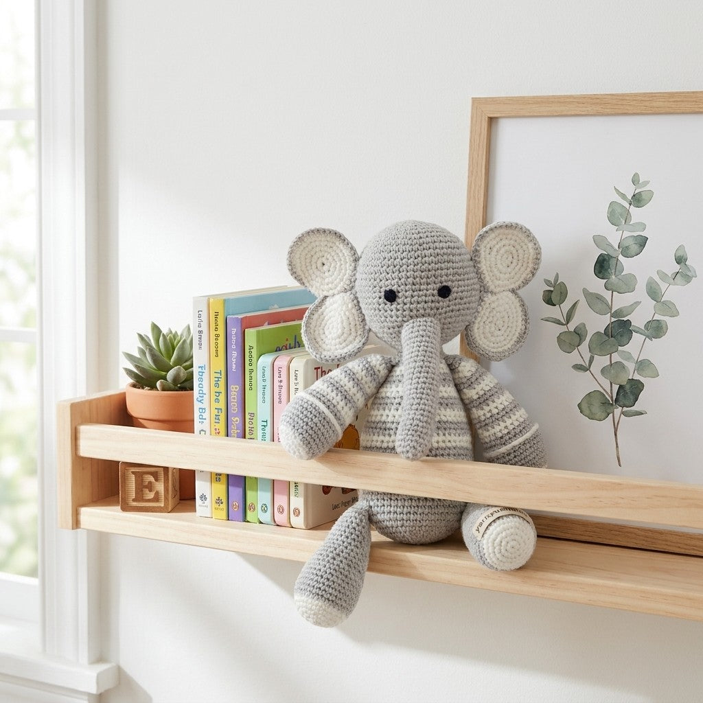 Crocheted elephant toy on a wooden shelf with books and plants in a bright room.
