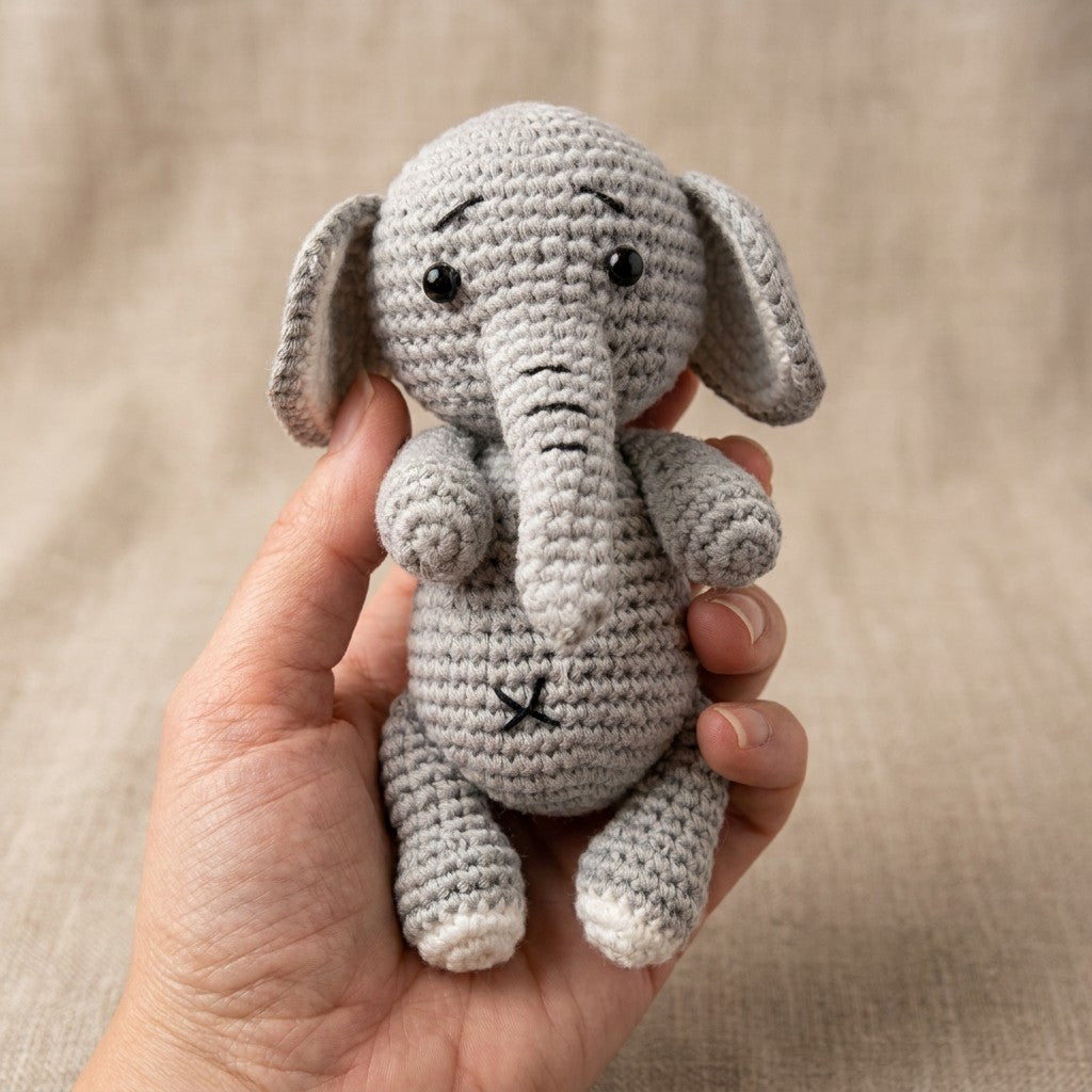 Hand holding a small crochet elephant toy against a neutral background
