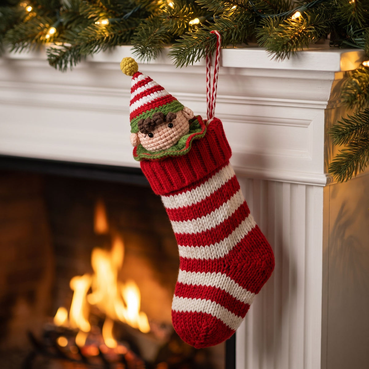 A red and white striped knitted Christmas stocking hanging from a white fireplace mantel. The stocking has a Handmade crochet elf head ornament with rattle by YarnYummies front view showing striped hat and rosy cheeks peeking out at the top and is decorated with red and white horizontal stripes.