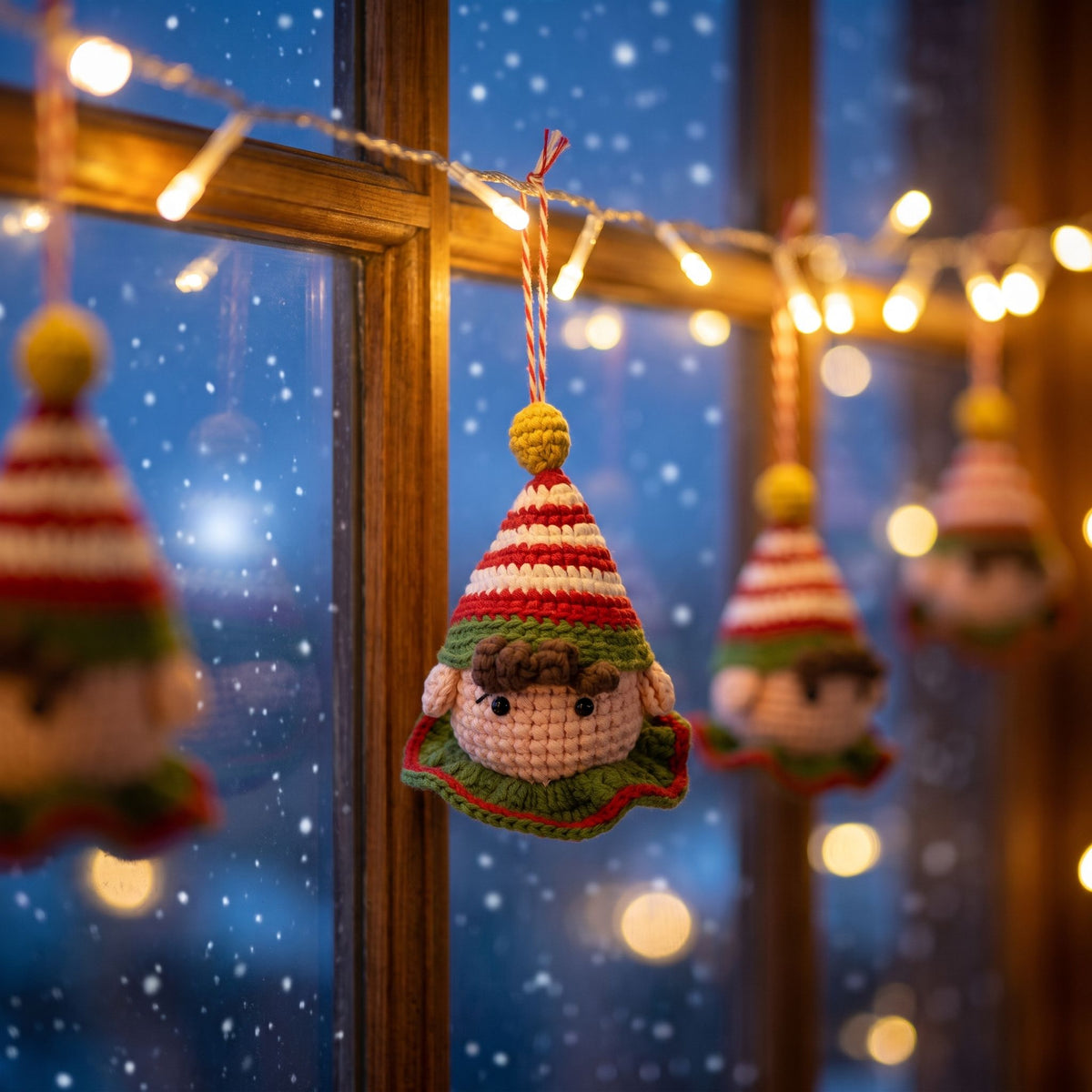 A Handmade crochet elf head ornament with rattle by YarnYummies front view showing rosy cheeks hanging from a string of warm fairy lights in front of a snowy window. The ornament is made with red, white, and green striped yarn, a yellow pom-pom, and a cream-colored face with embroidered brown hair.