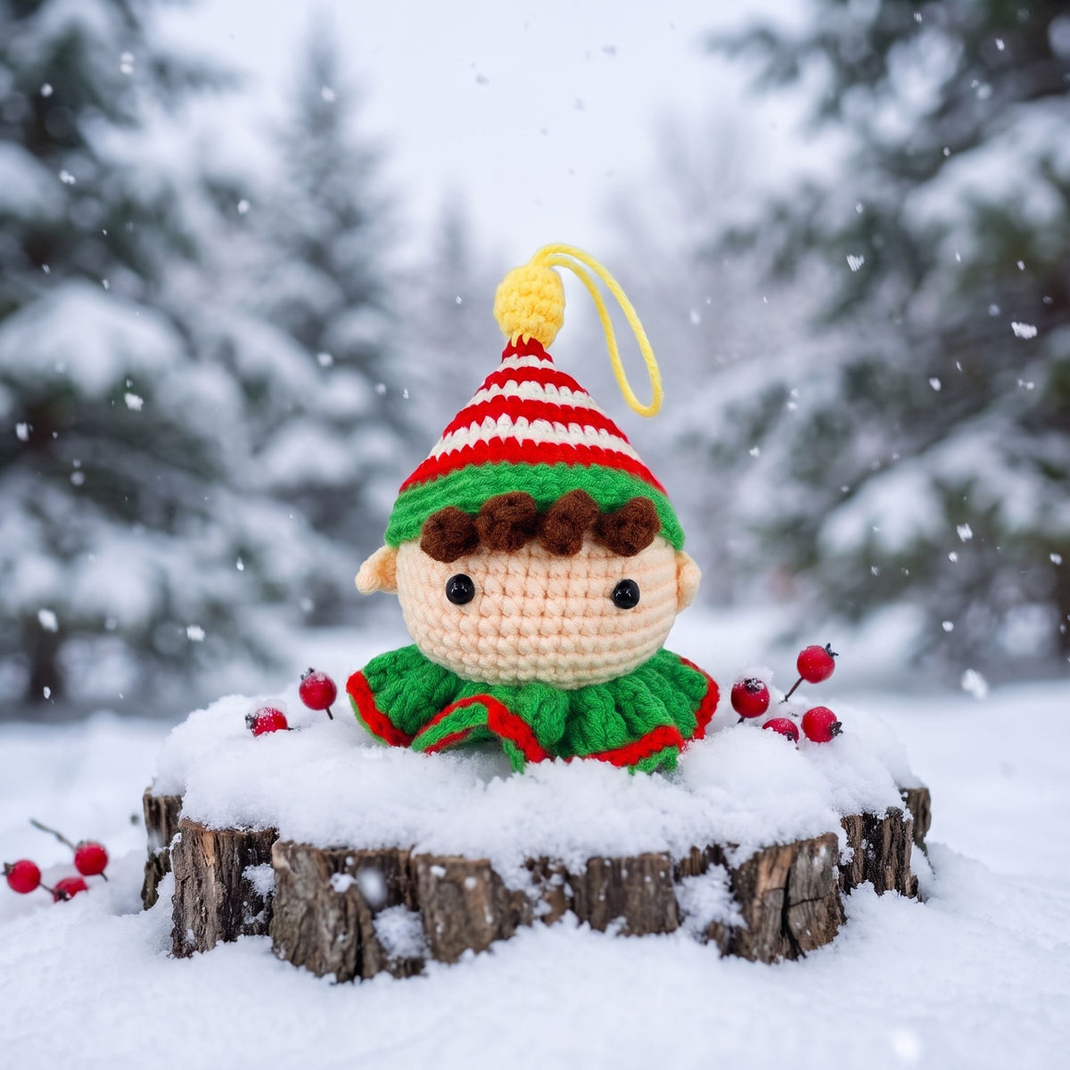 A Handmade crochet elf head ornament by YarnYummies front view showing vibrant red and green striped hat with a red and white striped hat, green scarf, and brown yarn hair sits on a snowy log in a winter outdoor scene with snow falling in the background.