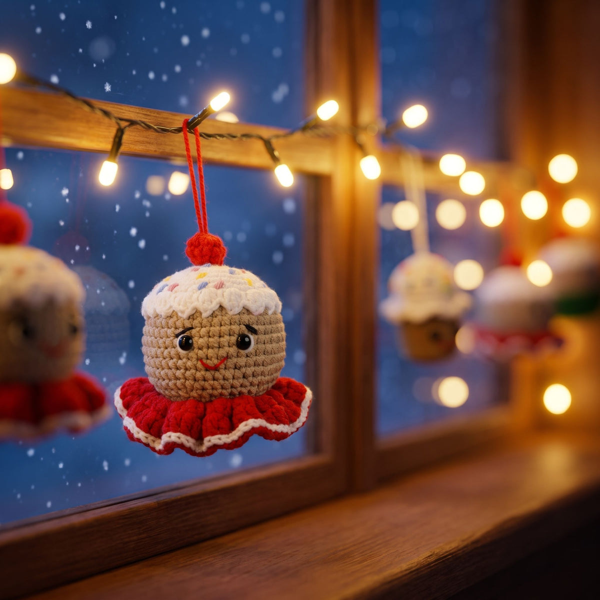 A Handmade crochet gingerbread head ornament by YarnYummies front view showing icing details and sprinkles and a smiling face hanging from a string on a wooden window frame, with warm fairy lights and a snowy window background.