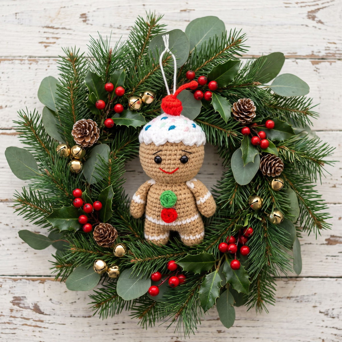 A Handmade crochet full body gingerbread man ornament by YarnYummies front view showing candy buttons and icing details hanging from a festive green wreath decorated with pine branches, eucalyptus leaves, red berries, pinecones, and small gold bells on a whitewashed wood background.