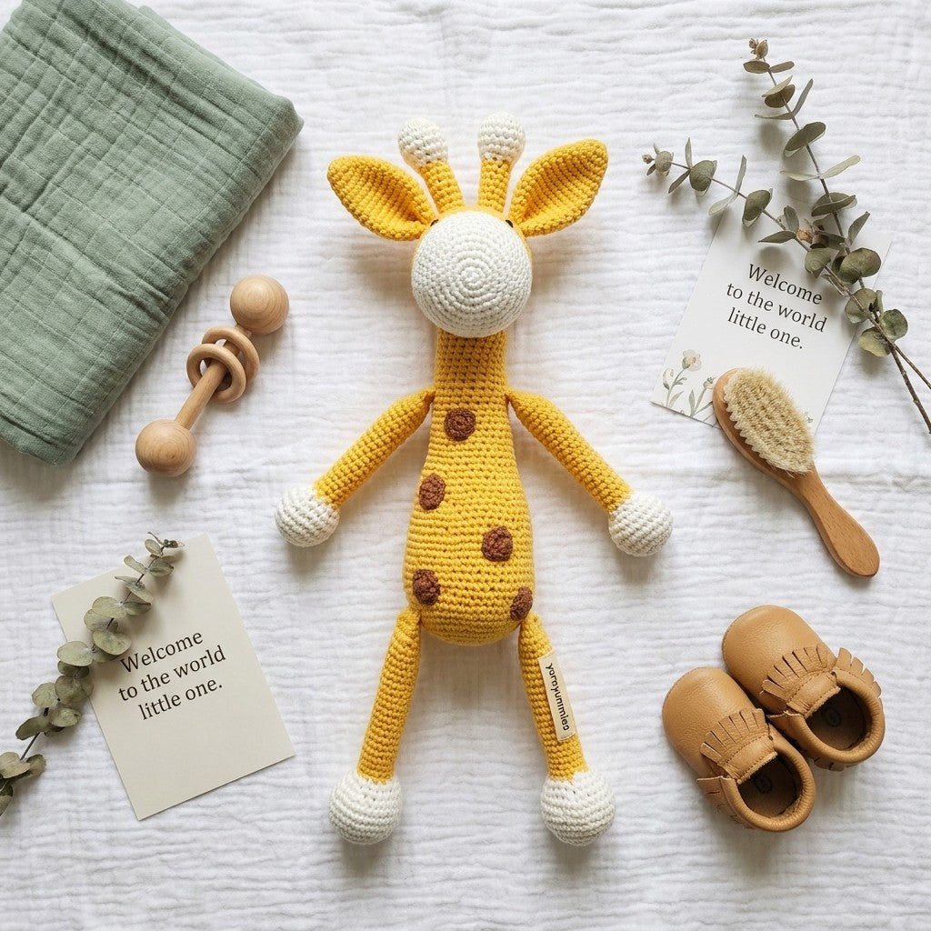 Crocheted giraffe toy with baby items on a white surface