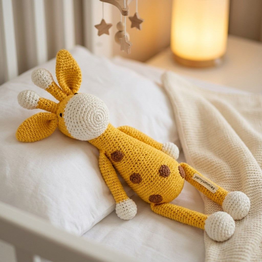 Crocheted giraffe toy on a white pillow with warm lighting in the background