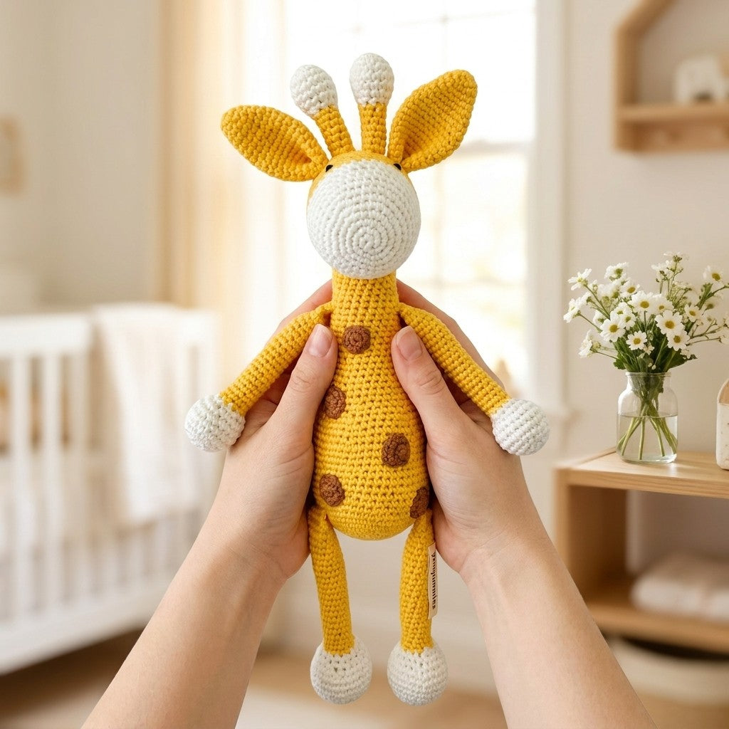 Handmade crochet giraffe toy held by a person in a cozy indoor setting.