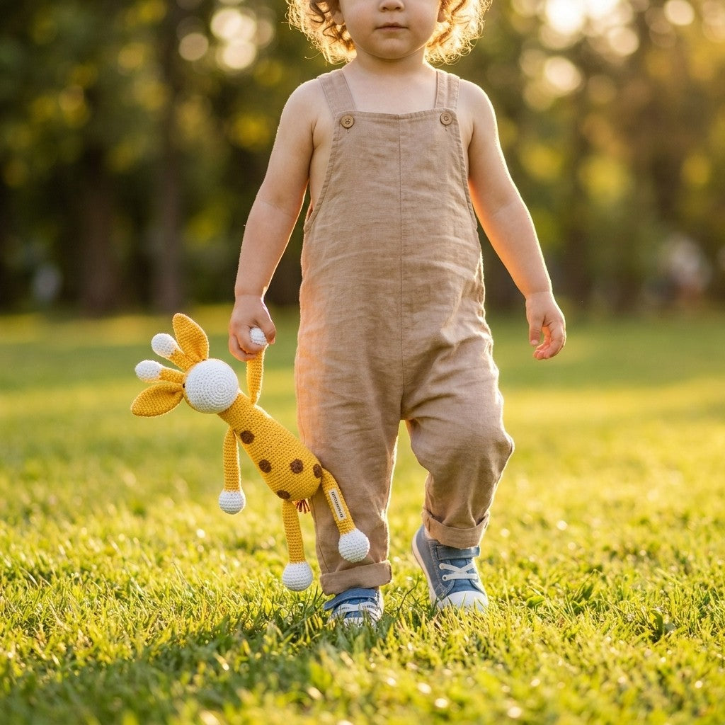 Child in beige overalls holding a giraffe toy in a grassy field