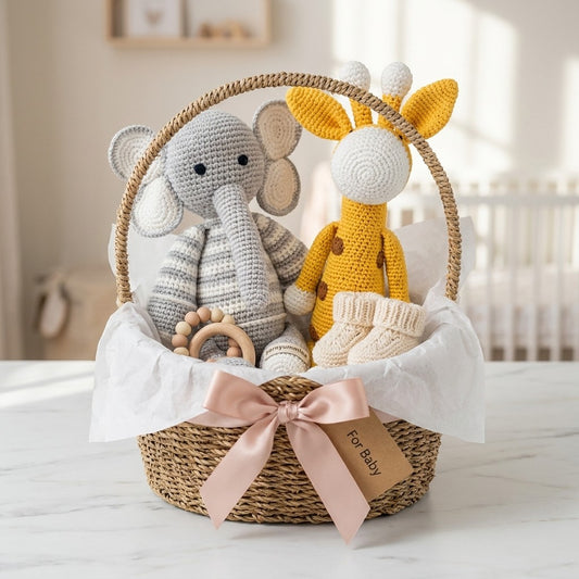 Basket with crochet elephant, giraffe, and baby booties on a white surface.