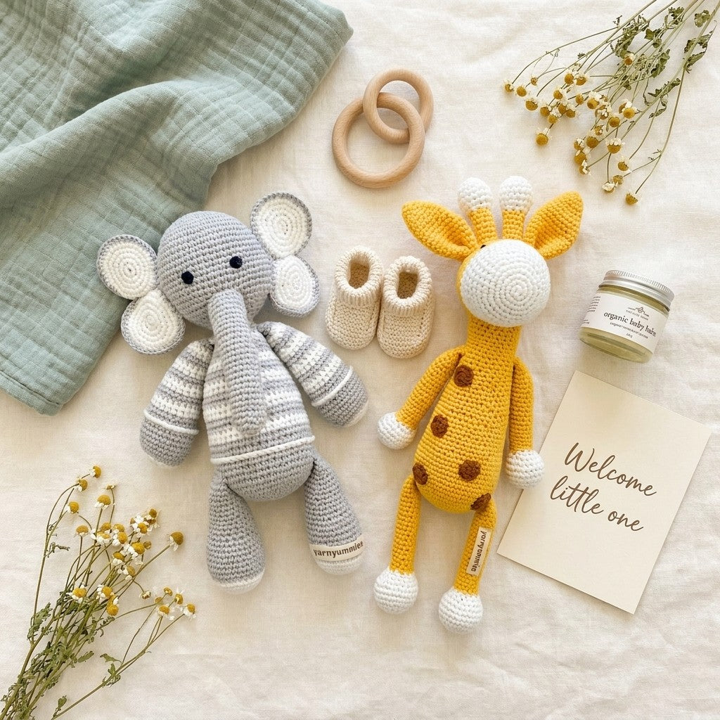 Crocheted elephant and giraffe toys with baby booties and a card on a soft surface.