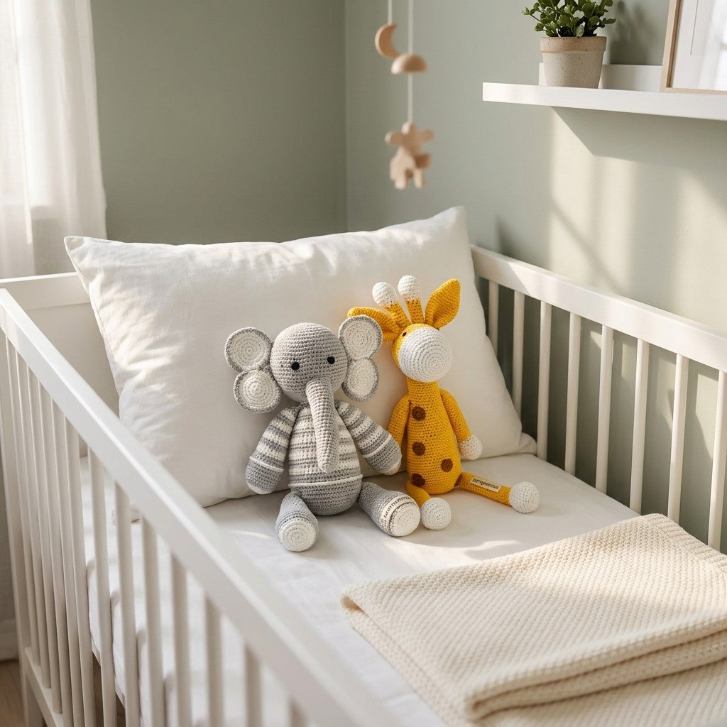 White crib with plush toys including an elephant and a giraffe, in a softly lit room.