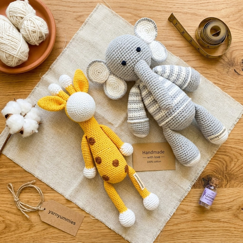 Handmade crochet toys, a giraffe and an elephant, on a wooden surface with yarn and tools.