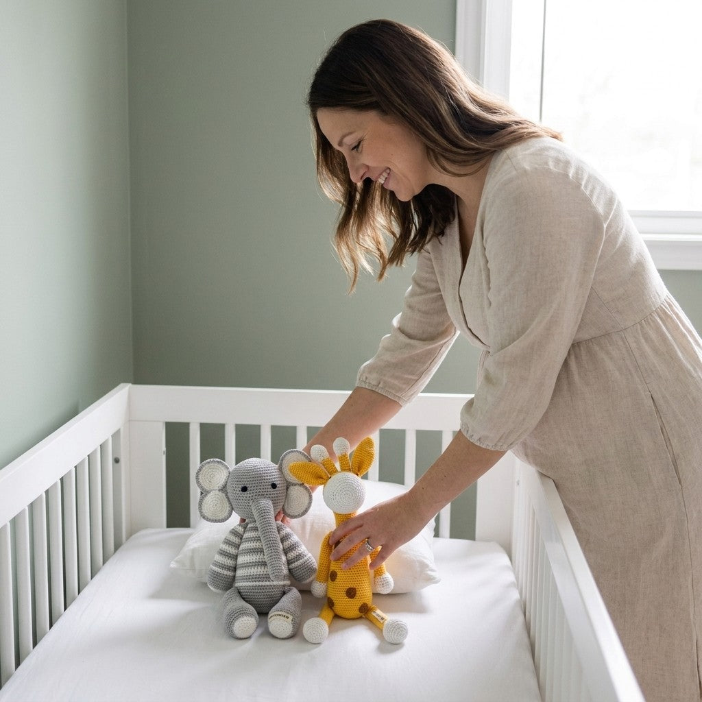 Woman arranging stuffed animals on a crib in a nursery