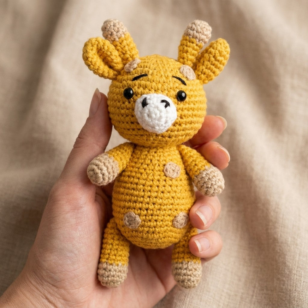 Hand holding a small yellow crochet giraffe toy against a beige background