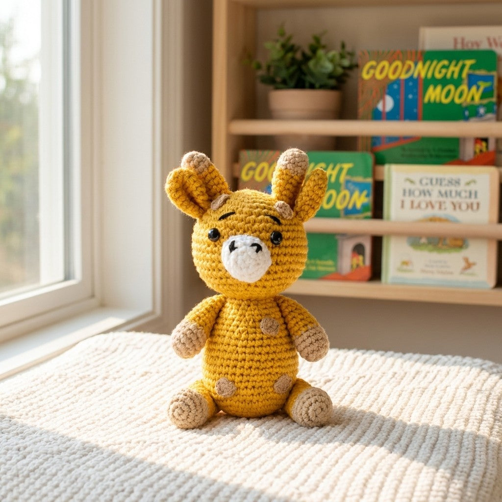 Crocheted giraffe toy on a blanket with books in the background