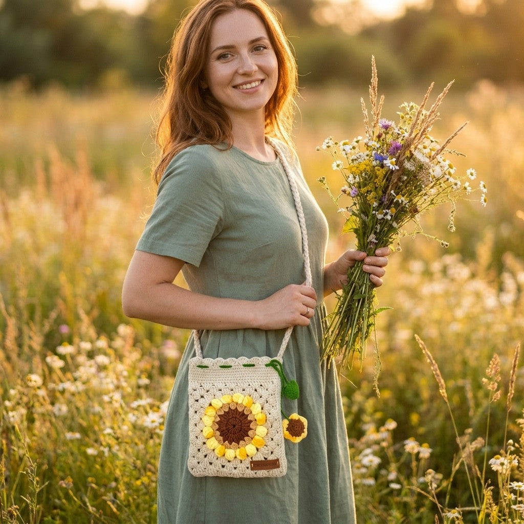 Woman holding a bouquet of wildflowers and a woven bag with a sunflower design in a field.