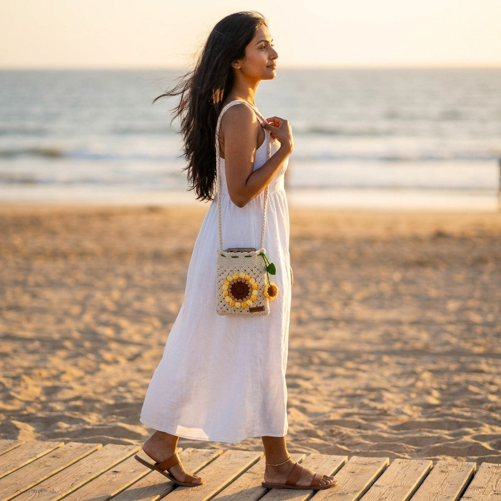 Woman in a white dress wearing a sunflower-patterned bag on a beach at sunset.