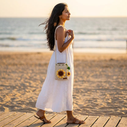Woman in a white dress wearing a sunflower-patterned bag on a beach at sunset.