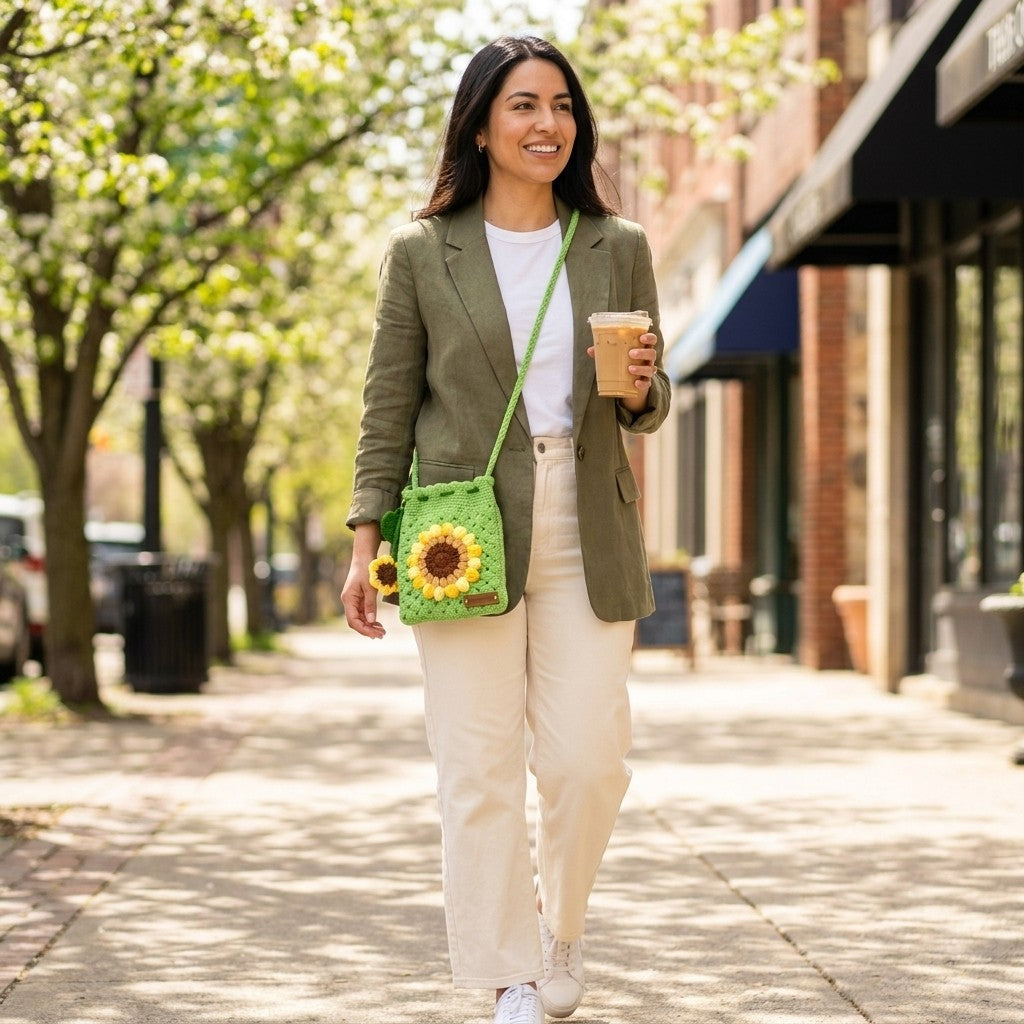 Woman walking on a sidewalk holding a coffee cup and a sunflower-patterned bag.