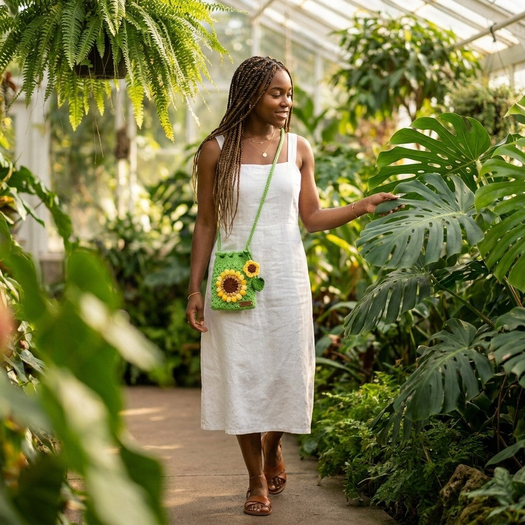 Woman in a white dress carrying a green bag with sunflower design in a greenhouse filled with plants.