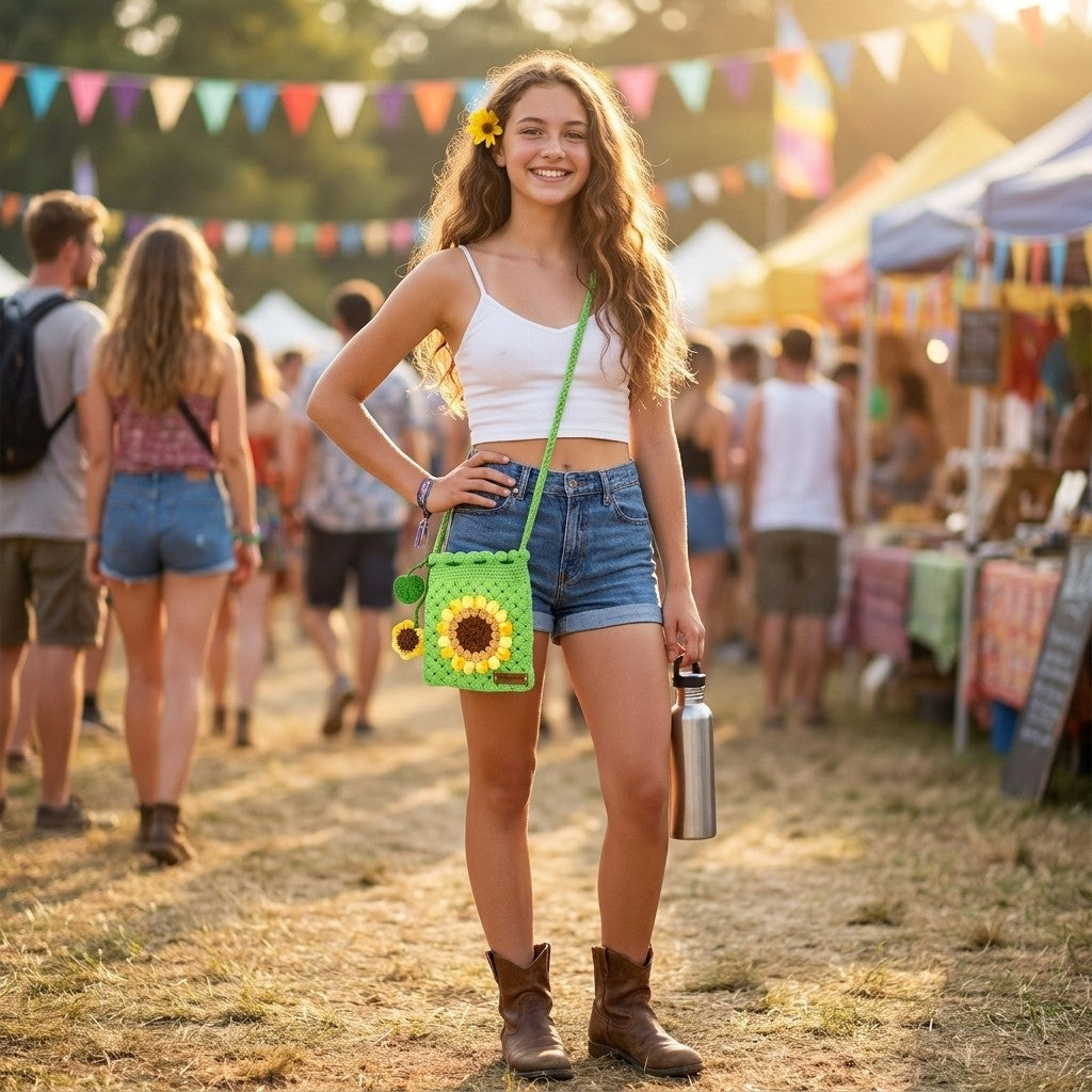 Woman at a festival wearing a crocheted green bag with sunflower design and a water bottle, surrounded by people and colorful flags.