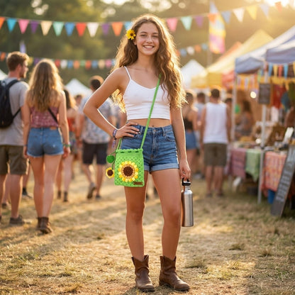 Woman at a festival wearing a crocheted green bag with sunflower design and a water bottle, surrounded by people and colorful flags.