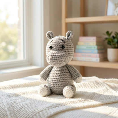Crocheted hippo toy on a blanket with a bookshelf in the background