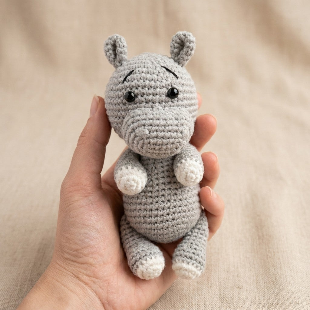 Hand holding a small crochet hippo toy against a beige background