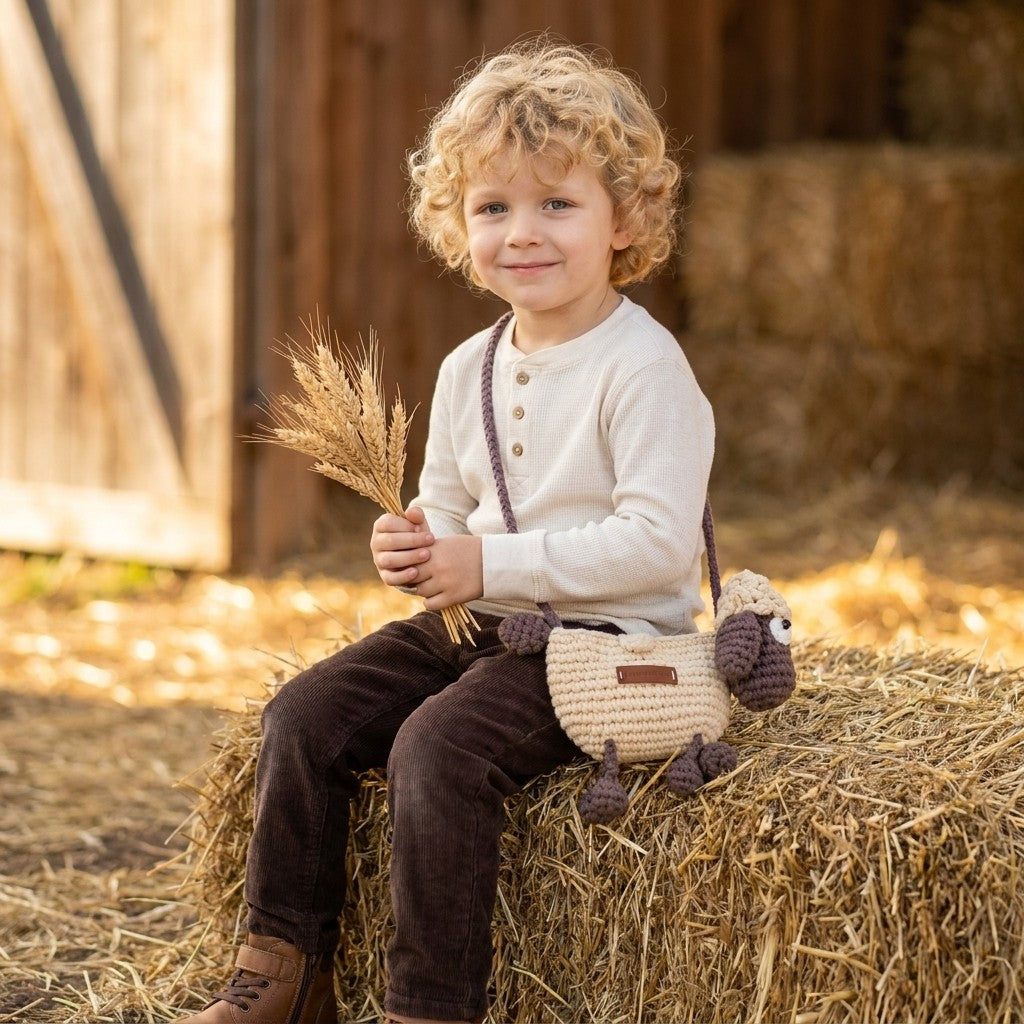 Child sitting on a hay bale holding wheat, with a crocheted sheep designed bag on his side in a rustic outdoor setting.