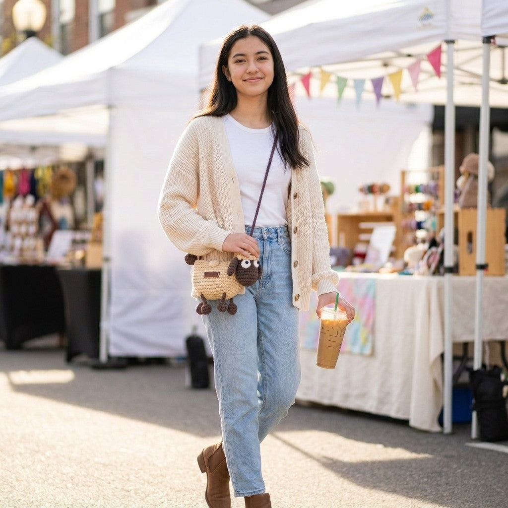 Woman holding a cup and carrying a crocheted crossbody sheep designed small bag at an outdoor market.