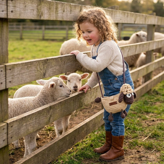 Child interacting with sheep behind a wooden fence on a farm wearing a crossbody sheep designed crocheted bag