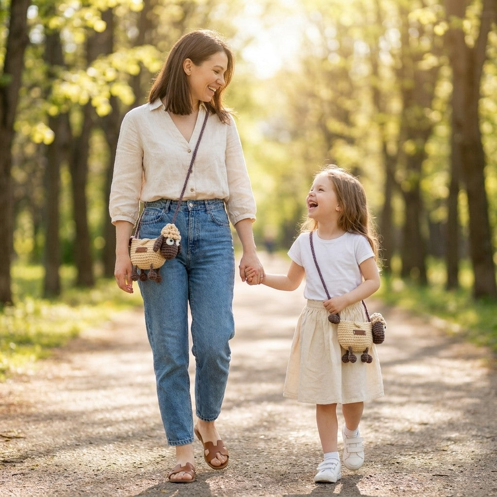Woman and child walking hand-in-hand on a path in a park wearing the same crocheted crossbody sheep designed bag.